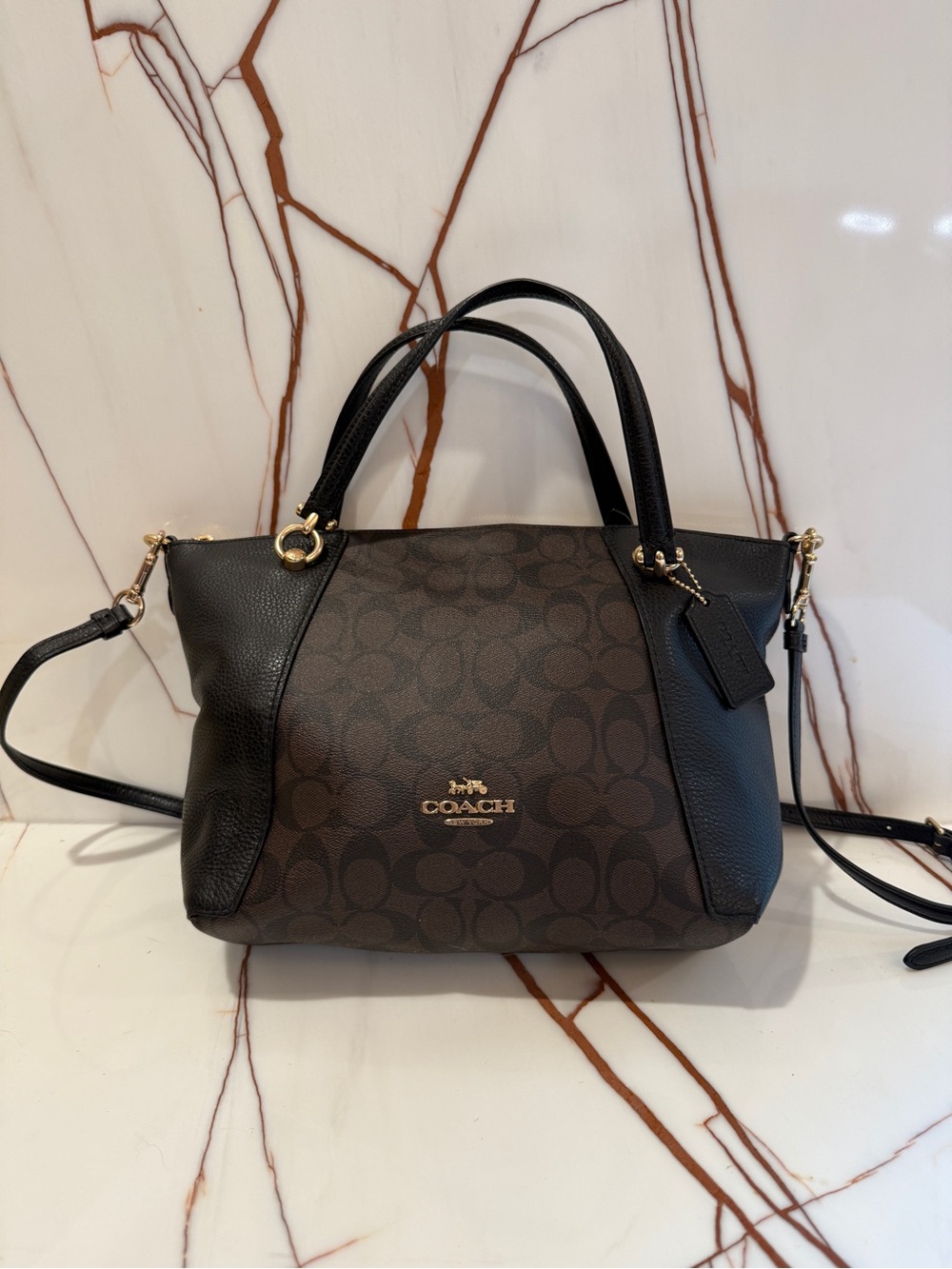 Coach Brown and Black Signature Satchel with Gold Hardware
